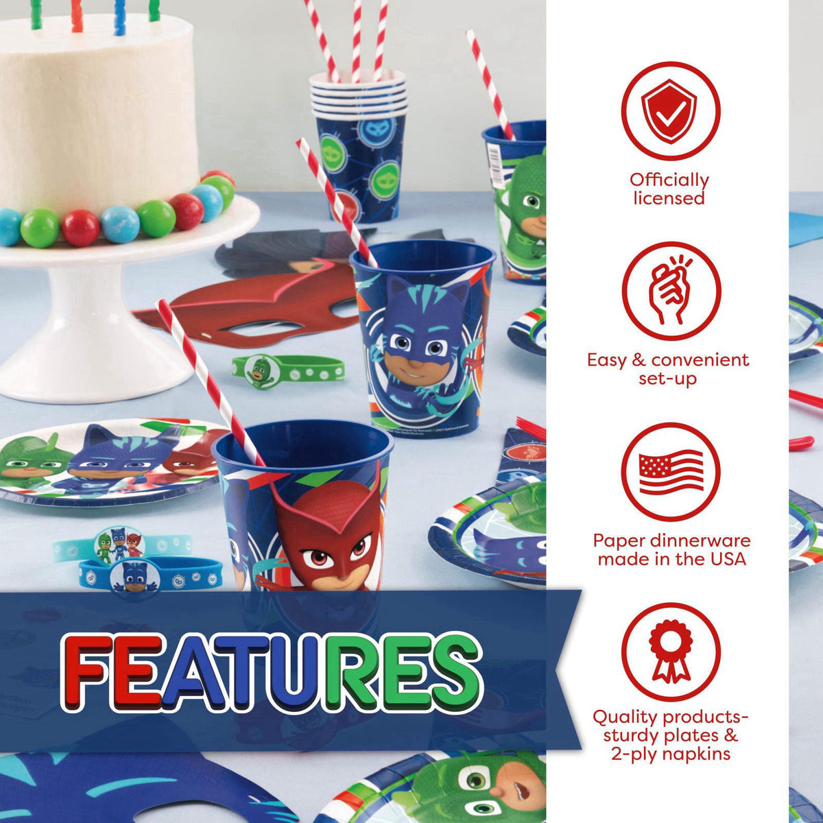 Unique PJ Masks Birthday Party Supplies and Decorations with Table Cloth – back view and specifications