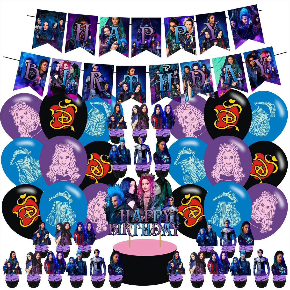 Descendants Birthday Party Decoration, Descendants Include Theme Birthday Banner, Cake Topper, Latex Balloons for Movie 