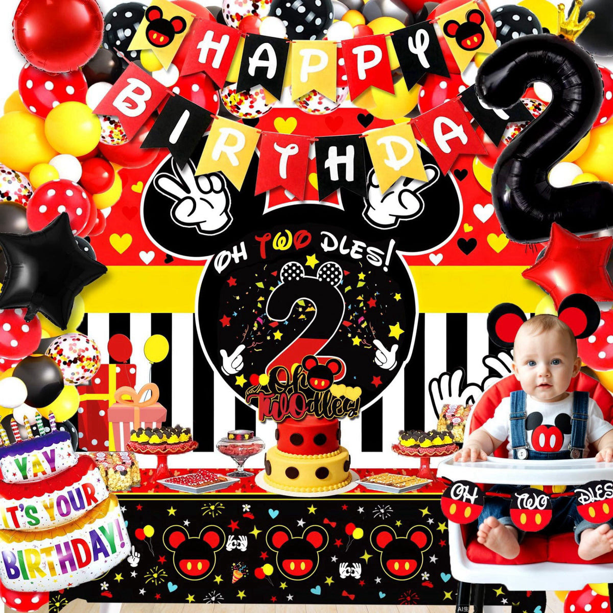 Yusino 132pcs Oh Twodles Birthday Party Supplies Boy, Red Mouse 2nd Birthday Decorations Supplies, Balloons Arch Banner 