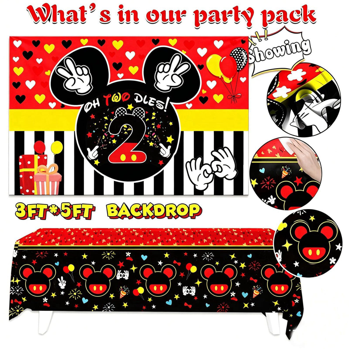 Yusino 132pcs Oh Twodles Birthday Party Supplies Boy, Red Mouse 2nd Birthday Decorations Supplies, Balloons Arch Banner 