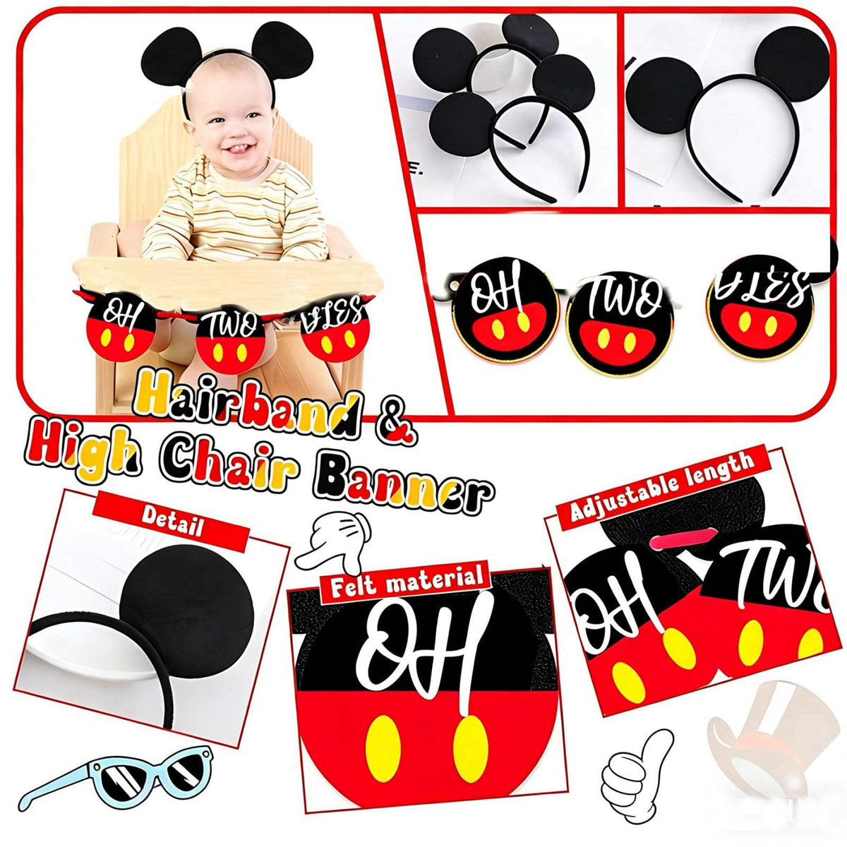 Yusino 132pcs Oh Twodles Birthday Party Supplies Boy, Red Mouse 2nd Birthday Decorations Supplies, Balloons Arch Banner 