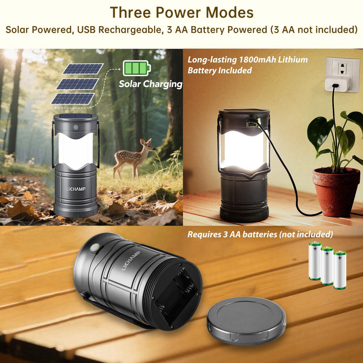 Lichamp 2-Pack Solar Camping Lantern, USB Rechargeable LED Lanterns Battery Powered Pop Up Flashlight Lamps with Three M