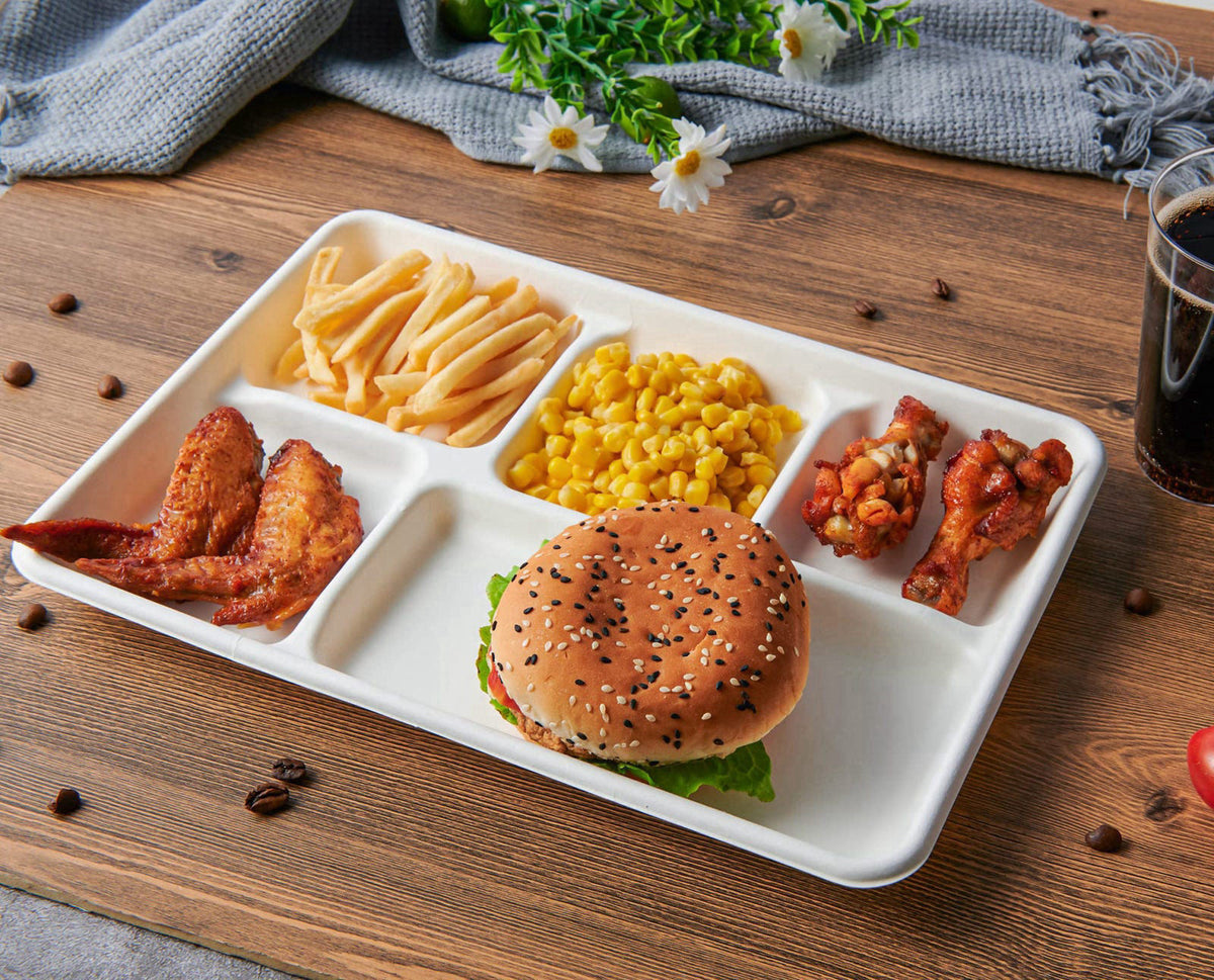 Vplus Compostable 5 Compartment Paper Plates, 100 Pack, 12.5 x 8.6 inch – close-up detail