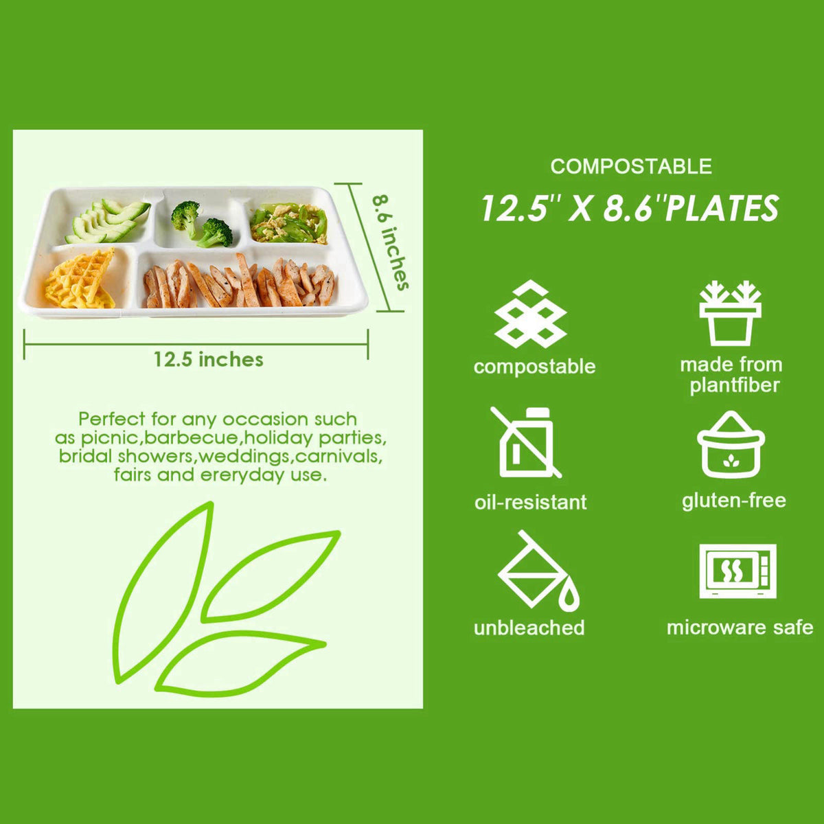 Vplus Compostable 5 Compartment Paper Plates, 100 Pack, 12.5 x 8.6 inch – packaging and label