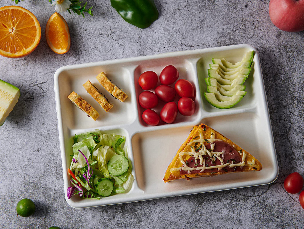 Vplus Compostable 5 Compartment Paper Plates, 100 Pack, 12.5 x 8.6 inch – full view