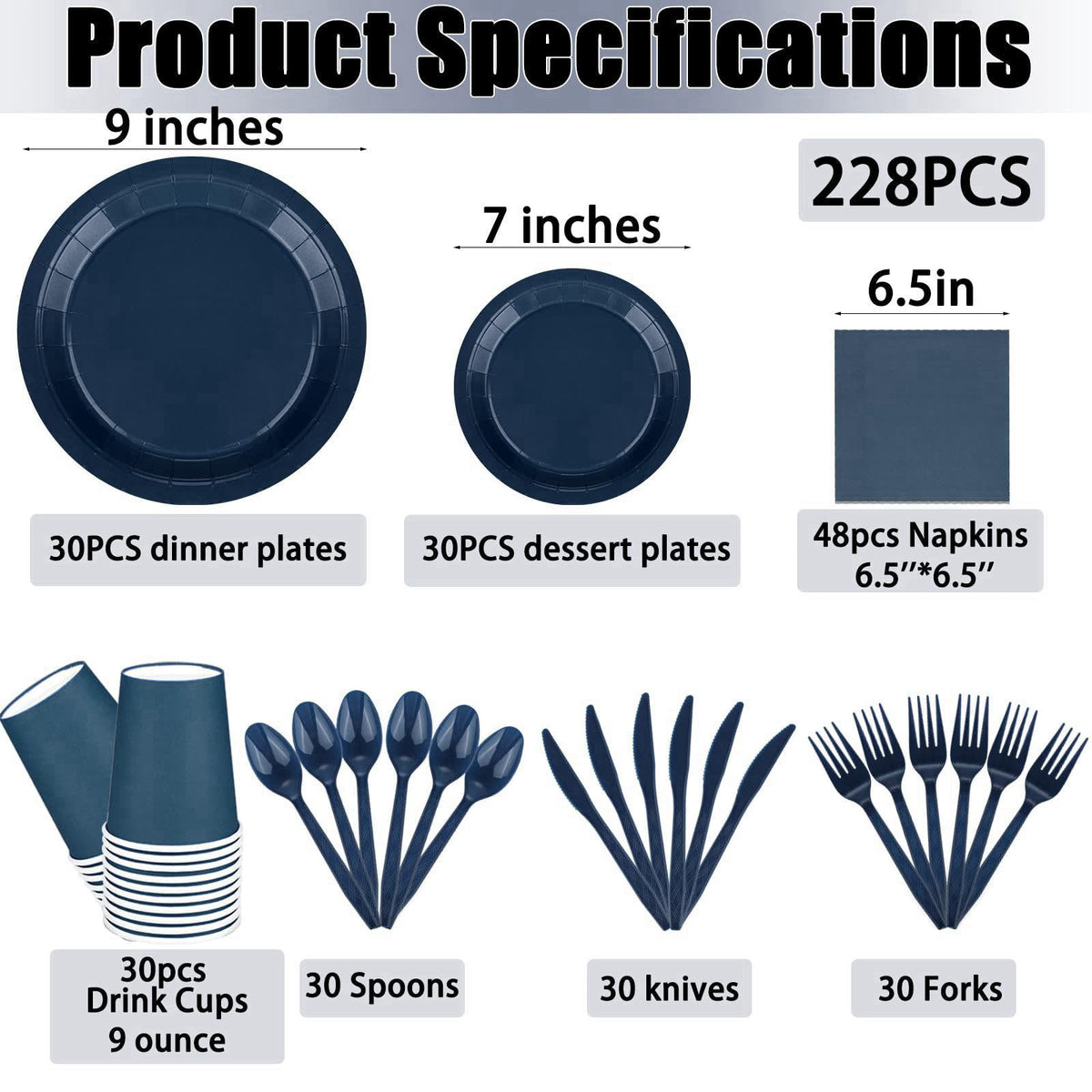 TWOWYHI 228PCS Navy Blue Party Supplies Set for 30 Guests Paper Plates Set – packaging and label
