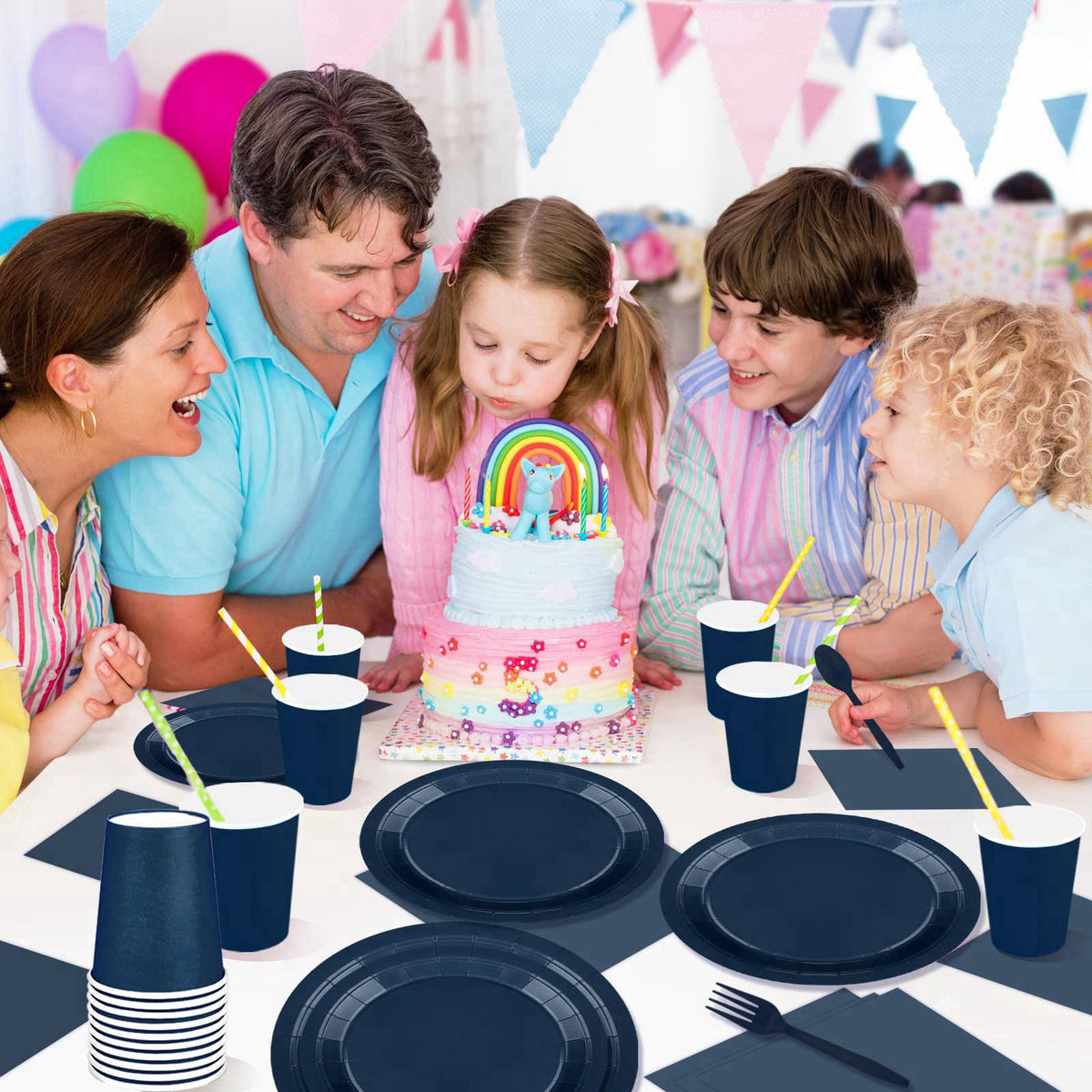 TWOWYHI 228PCS Navy Blue Party Supplies Set for 30 Guests Paper Plates Set – back view and specifications