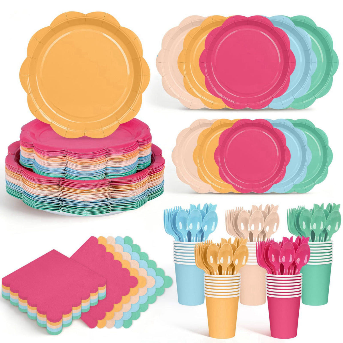 ZUQMZUQ 350 Pcs Colorful Party Plates and Napkins Party Supplies Serves 50 Guests Include Candy Colors Scalloped Plate N