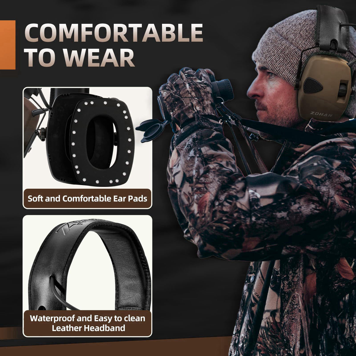 ZOHAN EM054 Electronic Shooting Ear Protection – back view and specifications