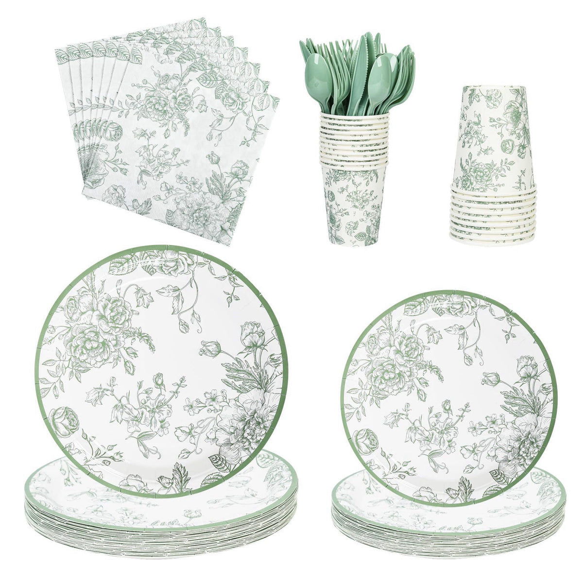 Elyxio 175Pcs Sage Green Floral Paper Plates and Napkins 25 Guests Green Toile Chinoiserie Party Supplies Set Include Pl