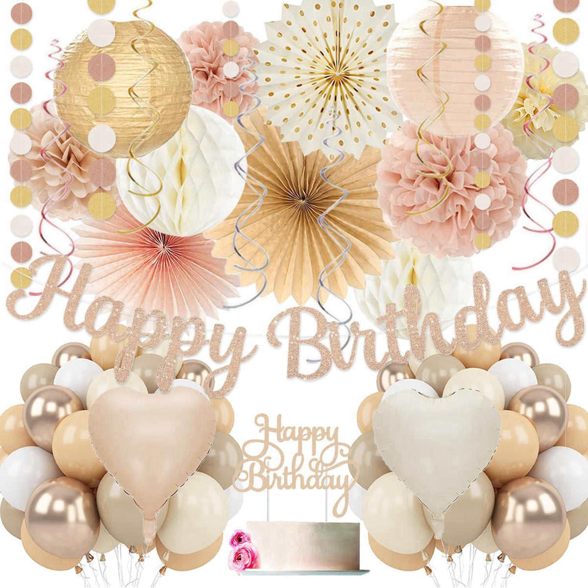 Vztipki Champagne-Gold Beige Birthday Decorations for Women Girls,Cream Neutral Balloons Décor,Happy Banner,Boho Peach P