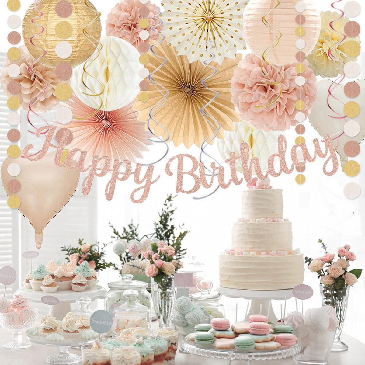 Vztipki Champagne-Gold Beige Birthday Decorations for Women Girls,Cream Neutral Balloons Décor,Happy Banner,Boho Peach P
