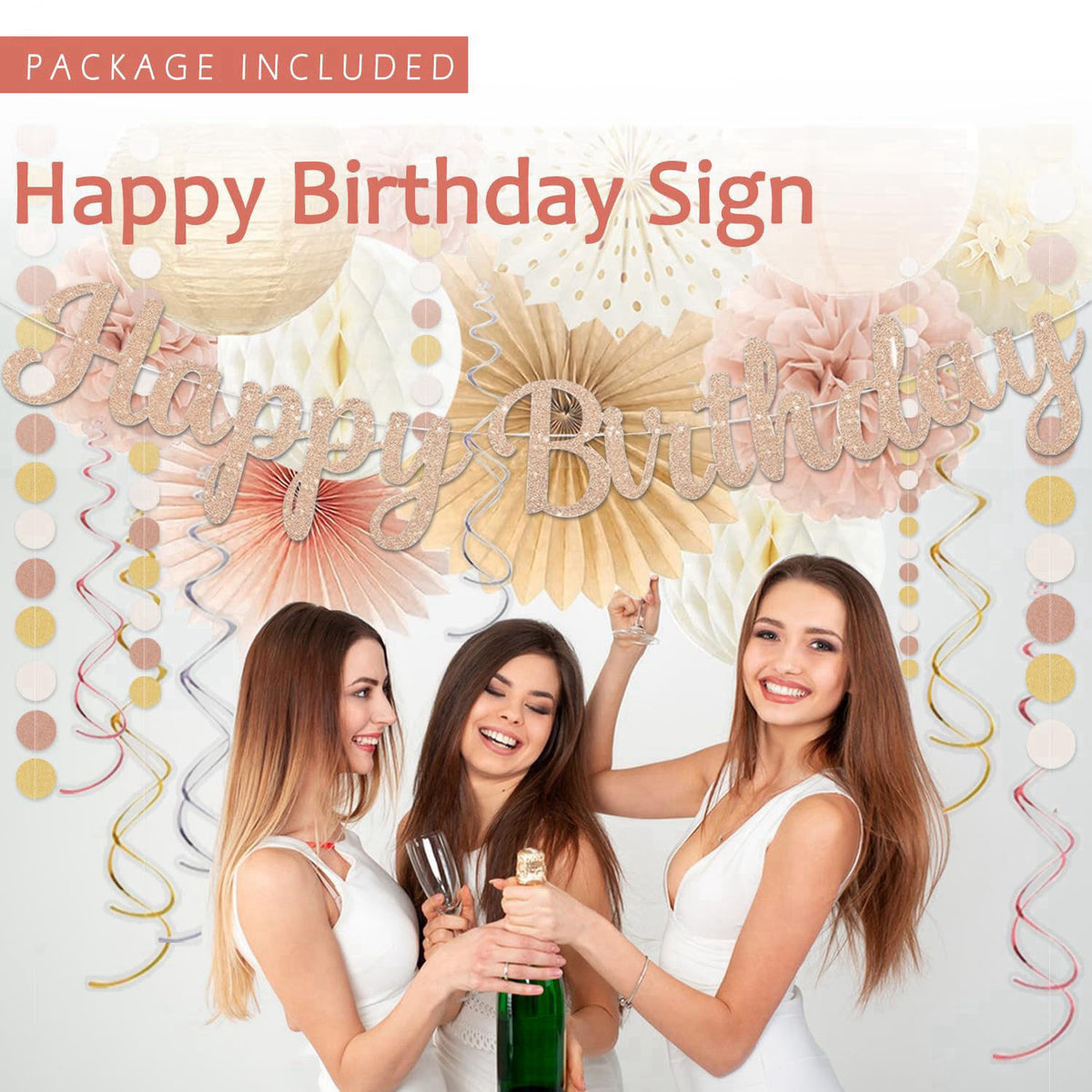 Vztipki Champagne-Gold Beige Birthday Decorations for Women Girls,Cream Neutral Balloons Décor,Happy Banner,Boho Peach P