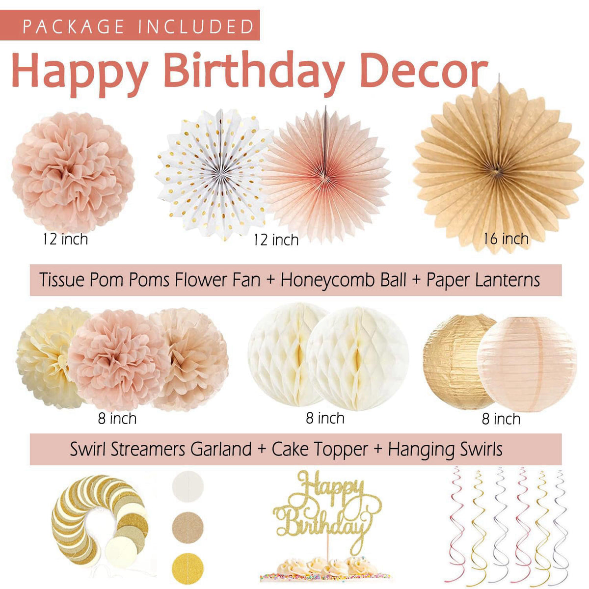 Vztipki Champagne-Gold Beige Birthday Decorations for Women Girls,Cream Neutral Balloons Décor,Happy Banner,Boho Peach P
