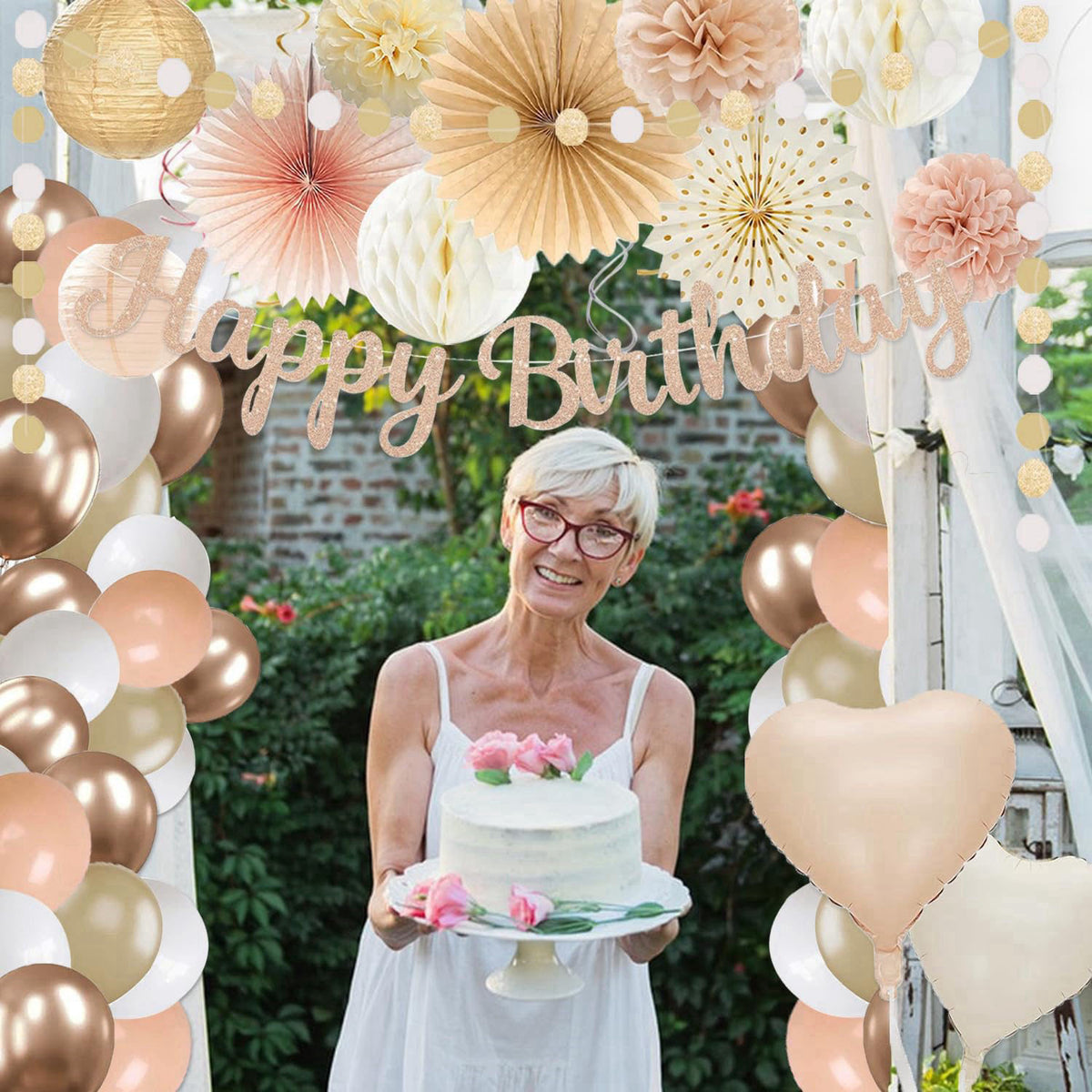 Vztipki Champagne-Gold Beige Birthday Decorations for Women Girls,Cream Neutral Balloons Décor,Happy Banner,Boho Peach P