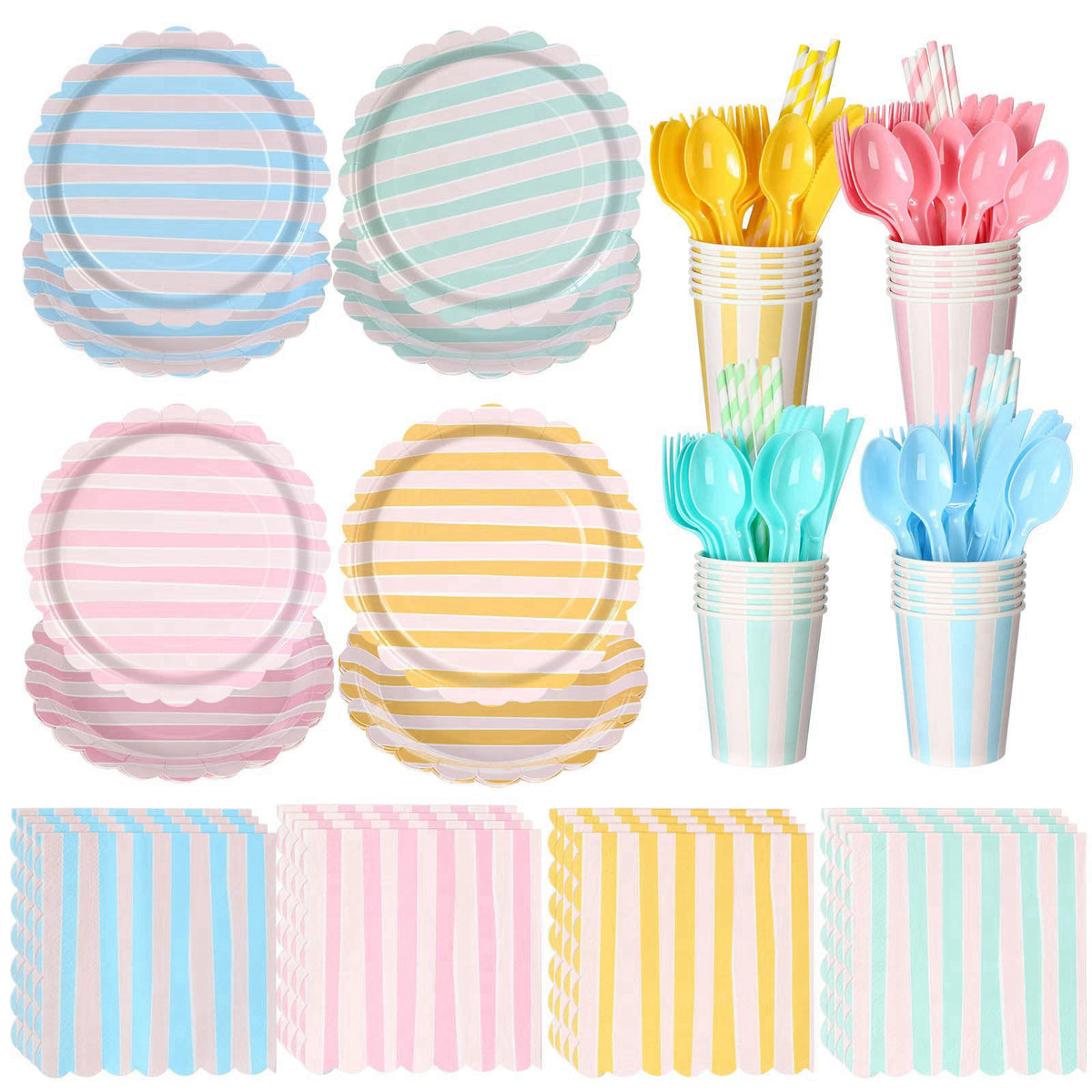 Potchen 220 Pcs Pastel Stripe Plate Party Decor Supplies for 24 Guest – Pastel, paper