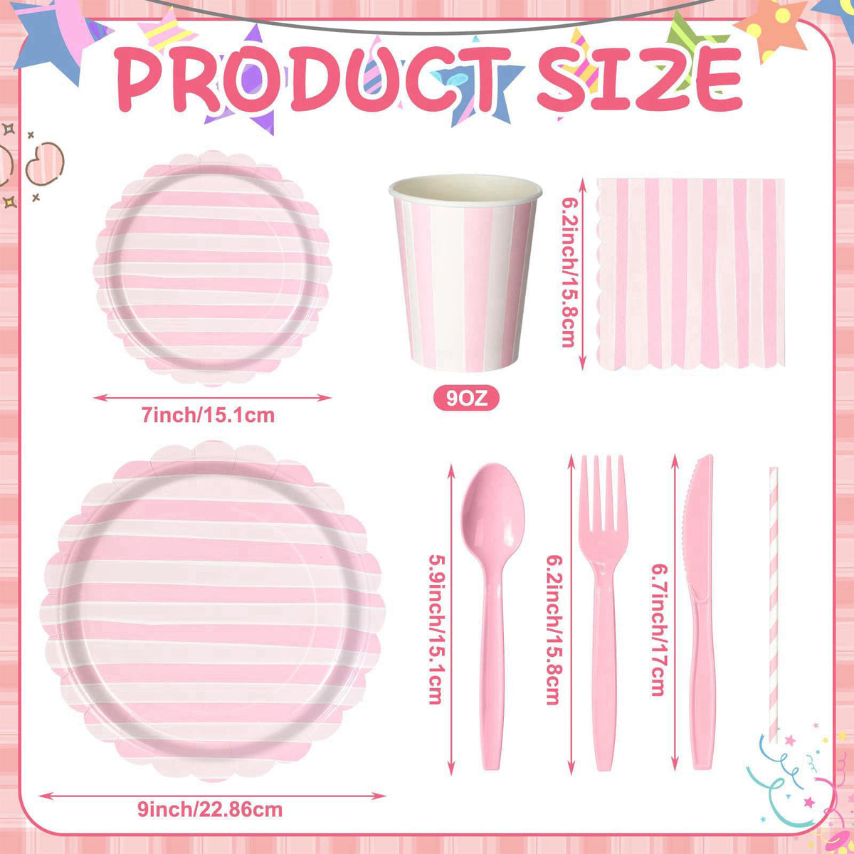Potchen 220 Pcs Pastel Stripe Plate Party Decor Supplies for 24 Guest – close-up detail in Pastel