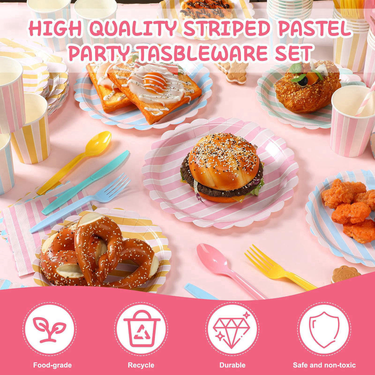 Potchen 220 Pcs Pastel Stripe Plate Party Decor Supplies for 24 Guest – packaging and label