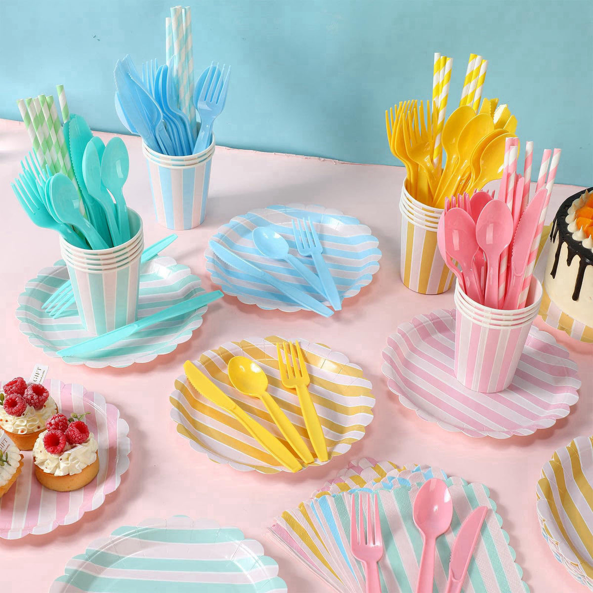 Potchen 220 Pcs Pastel Stripe Plate Party Decor Supplies for 24 Guest – full view