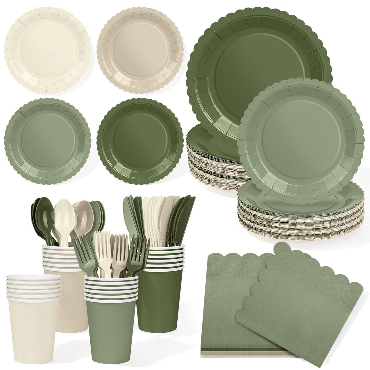 ZUQMZUQ 168 Pcs Nude Sage Green Tableware Set, Sage and Beige Plates and Napkins – product photo (Plates)