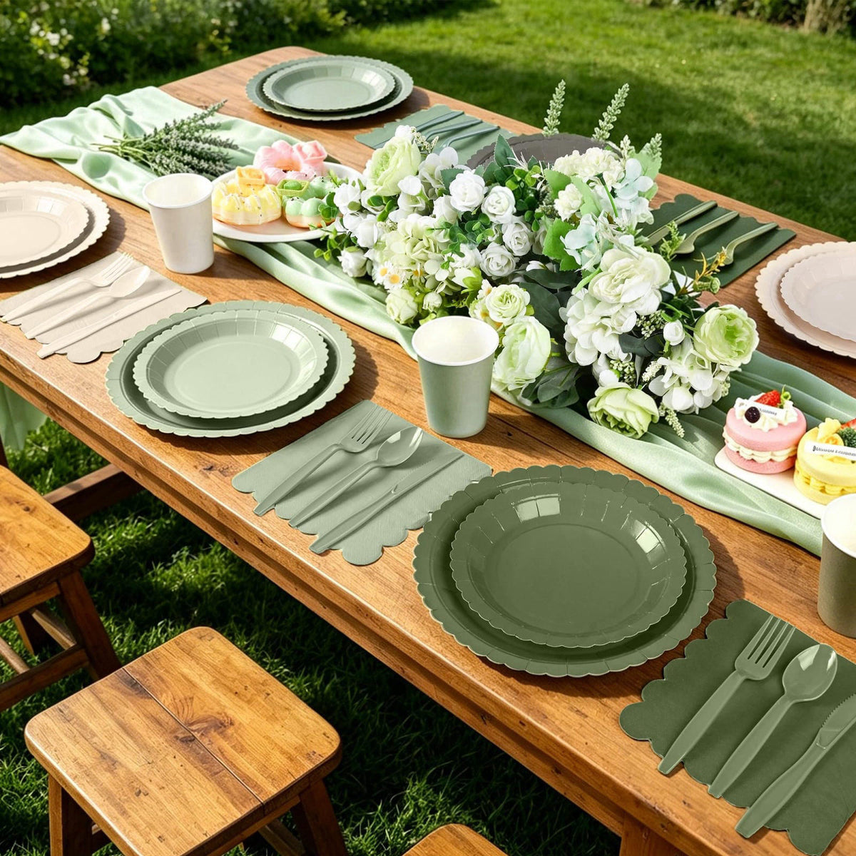 ZUQMZUQ 168 Pcs Nude Sage Green Tableware Set, Sage and Beige Plates and Napkins – close-up detail