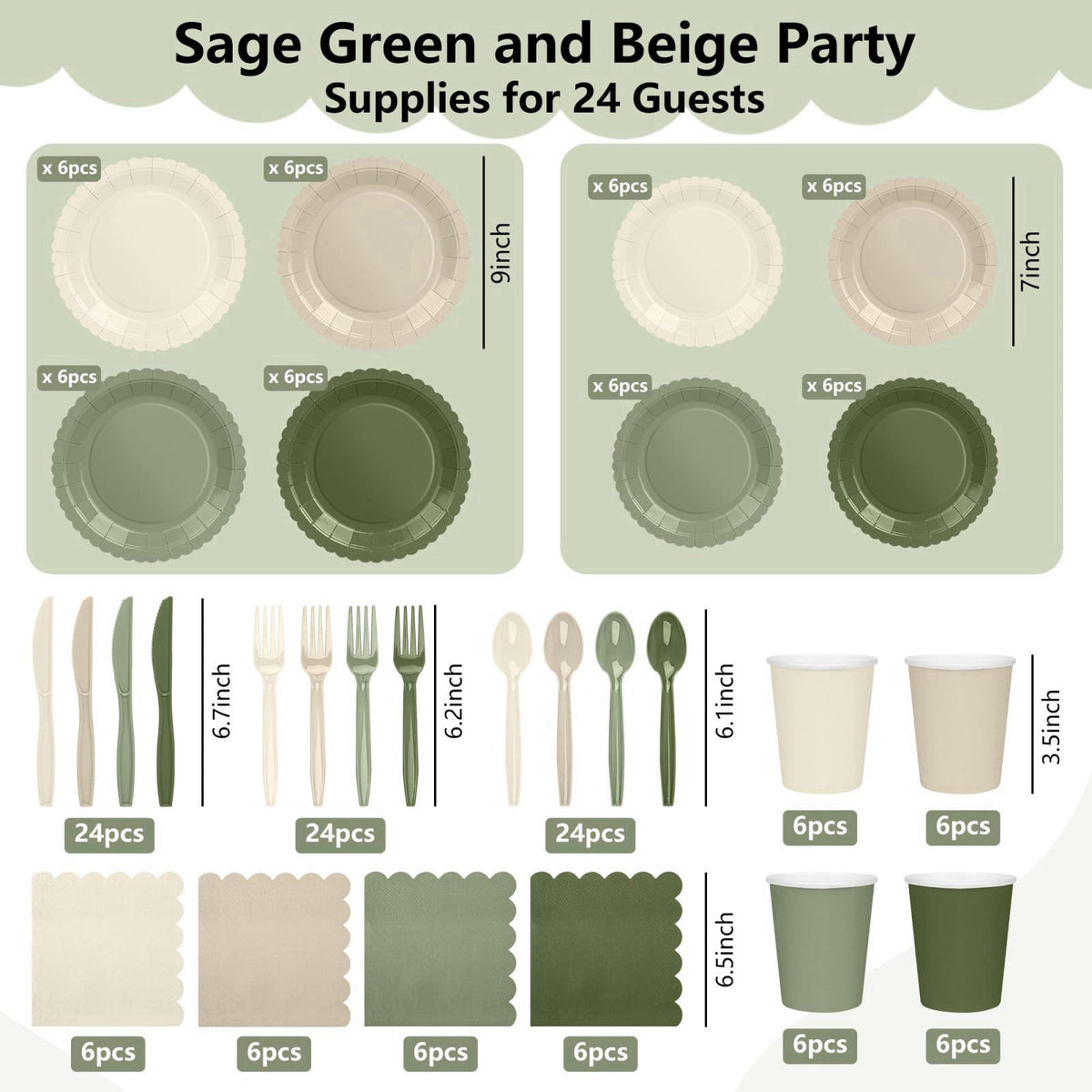ZUQMZUQ 168 Pcs Nude Sage Green Tableware Set, Sage and Beige Plates and Napkins – packaging and label