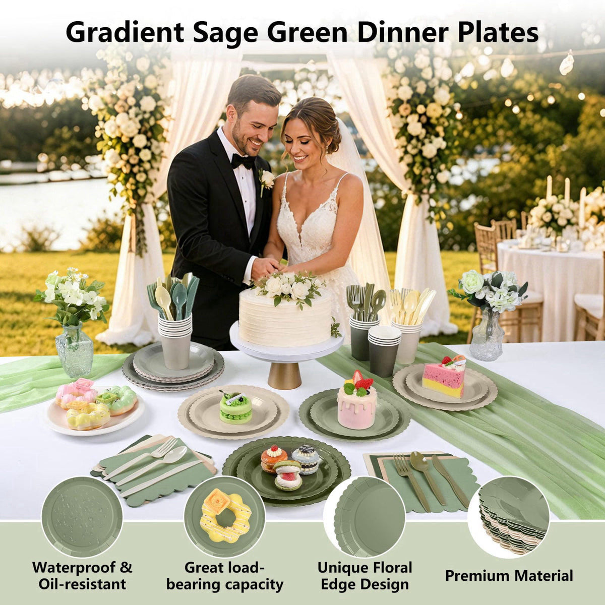ZUQMZUQ 168 Pcs Nude Sage Green Tableware Set, Sage and Beige Plates and Napkins – full view