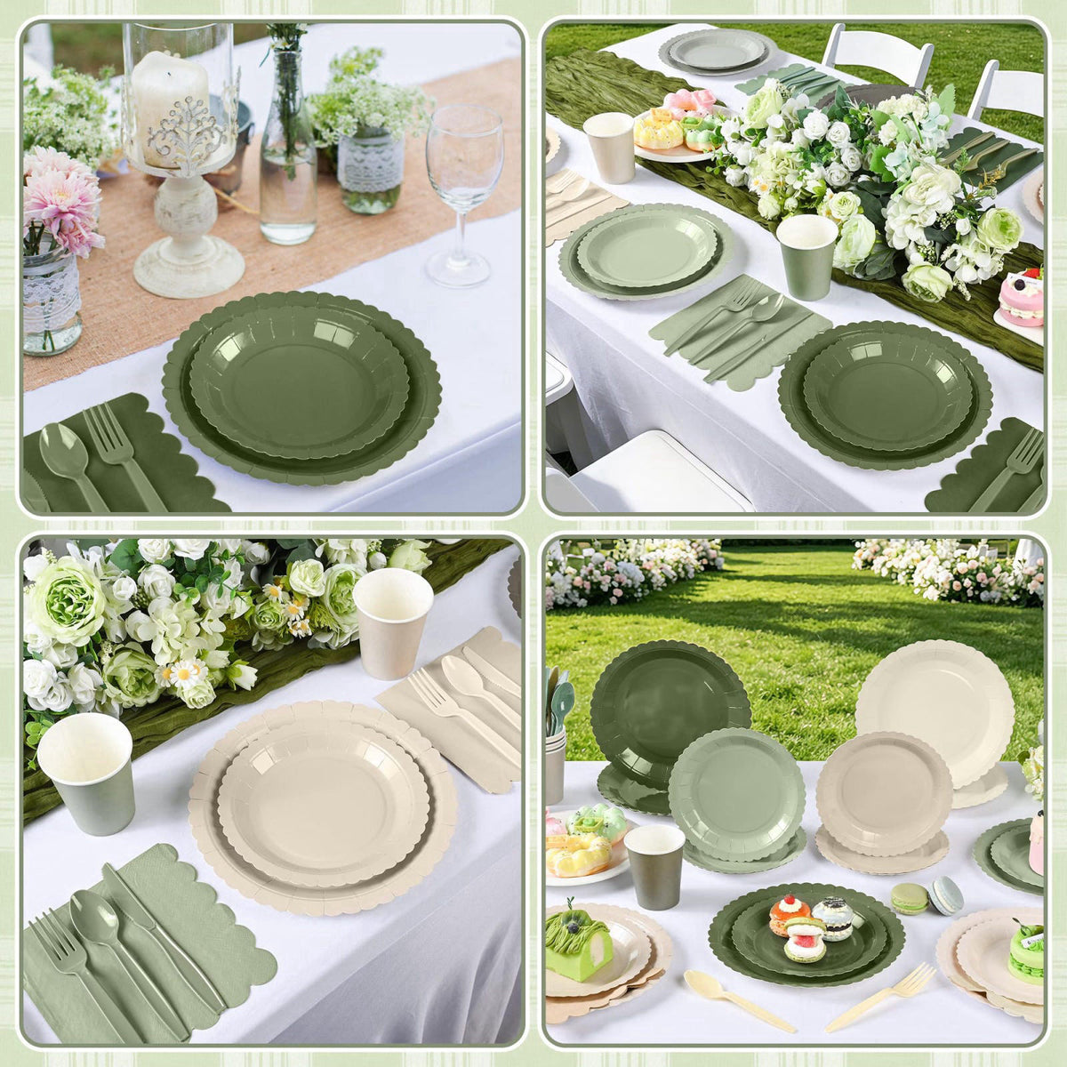ZUQMZUQ 168 Pcs Nude Sage Green Tableware Set, Sage and Beige Plates and Napkins – back view and specifications