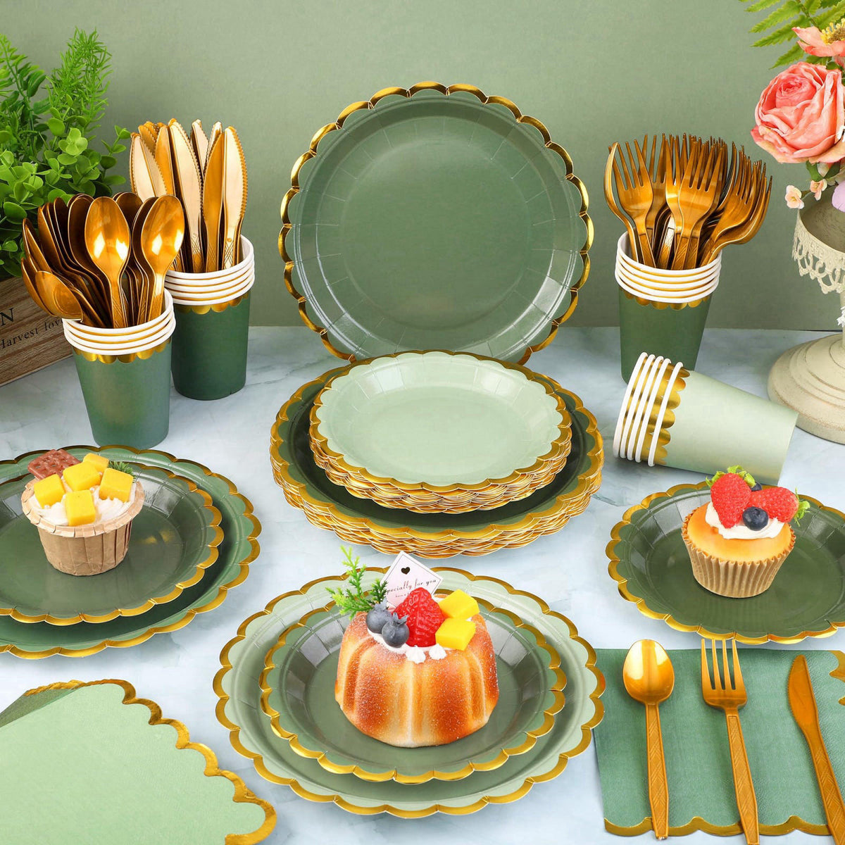 Kochorie 140PCS Sage Green Disposable Dinnerware Set Serves 20 Guests – close-up detail