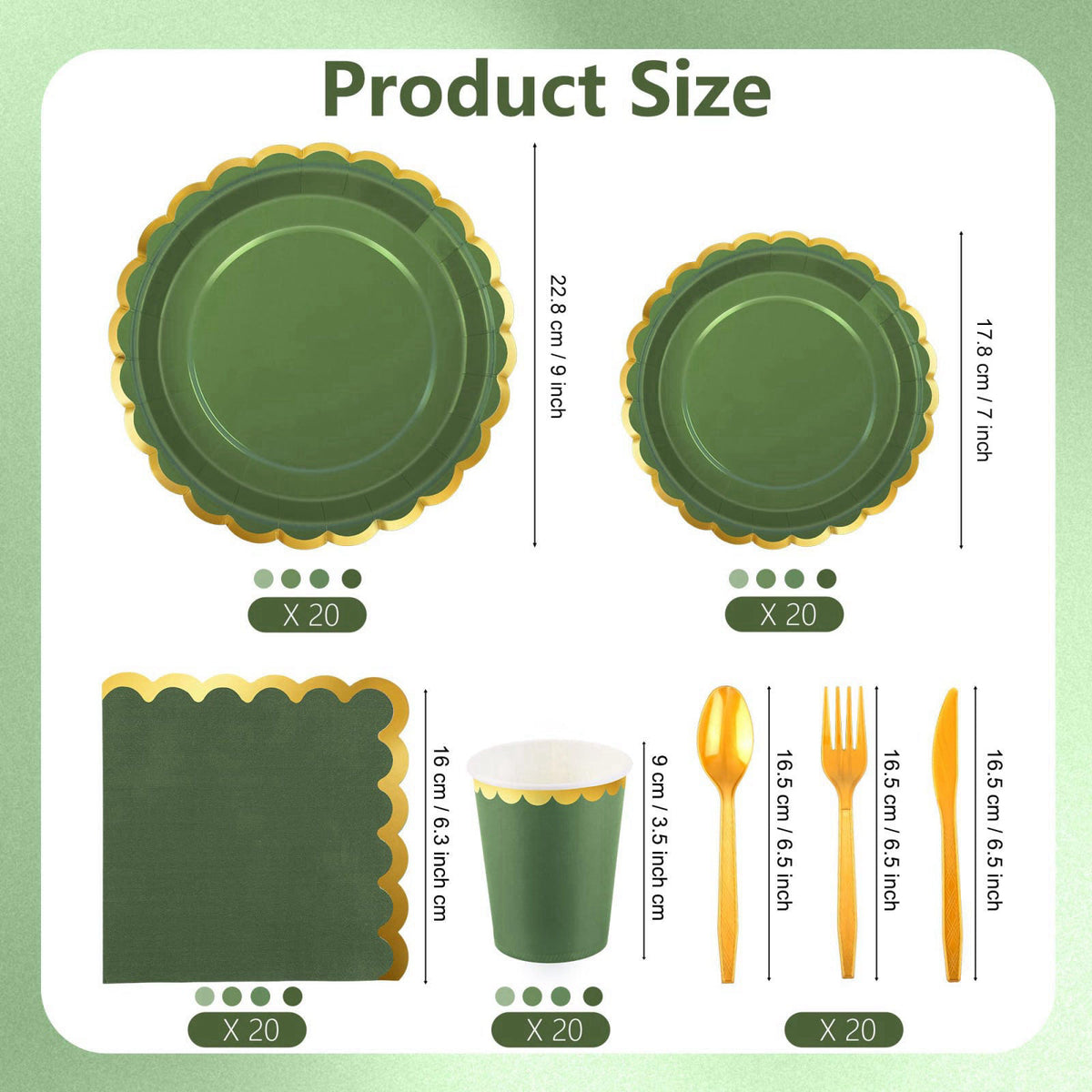 Kochorie 140PCS Sage Green Disposable Dinnerware Set Serves 20 Guests – packaging and label