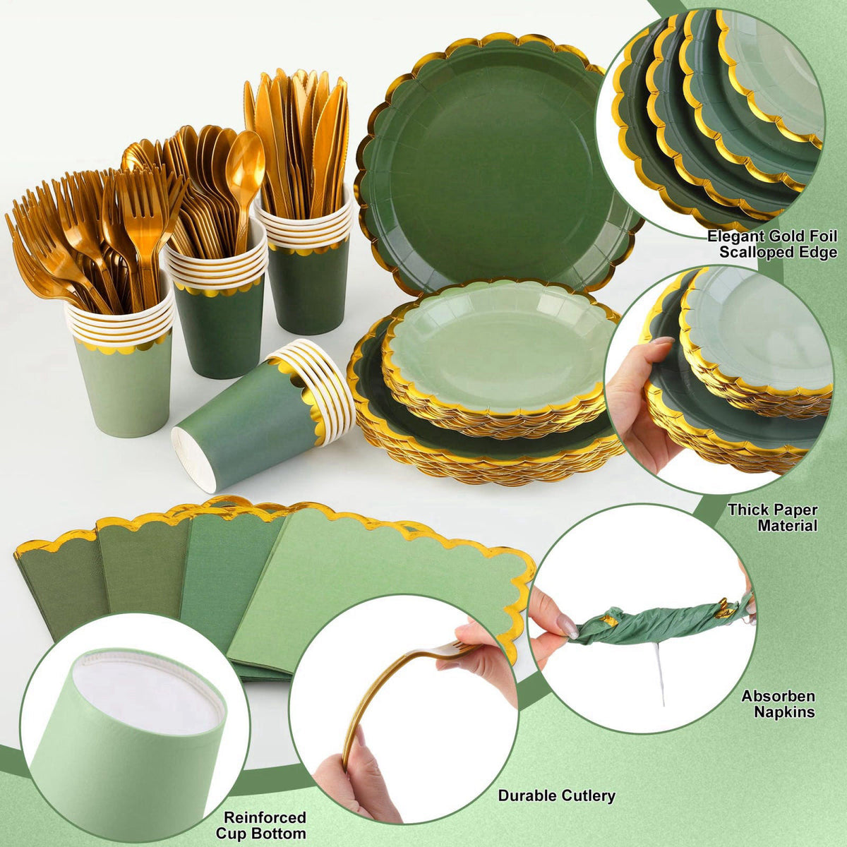 Kochorie 140PCS Sage Green Disposable Dinnerware Set Serves 20 Guests – full view