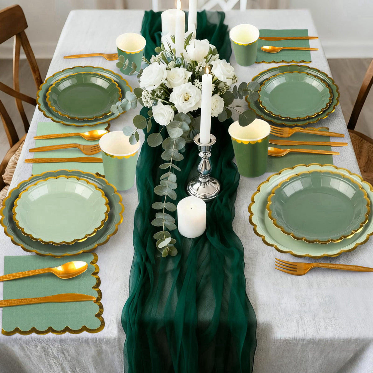 Kochorie 140PCS Sage Green Disposable Dinnerware Set Serves 20 Guests – back view and specifications