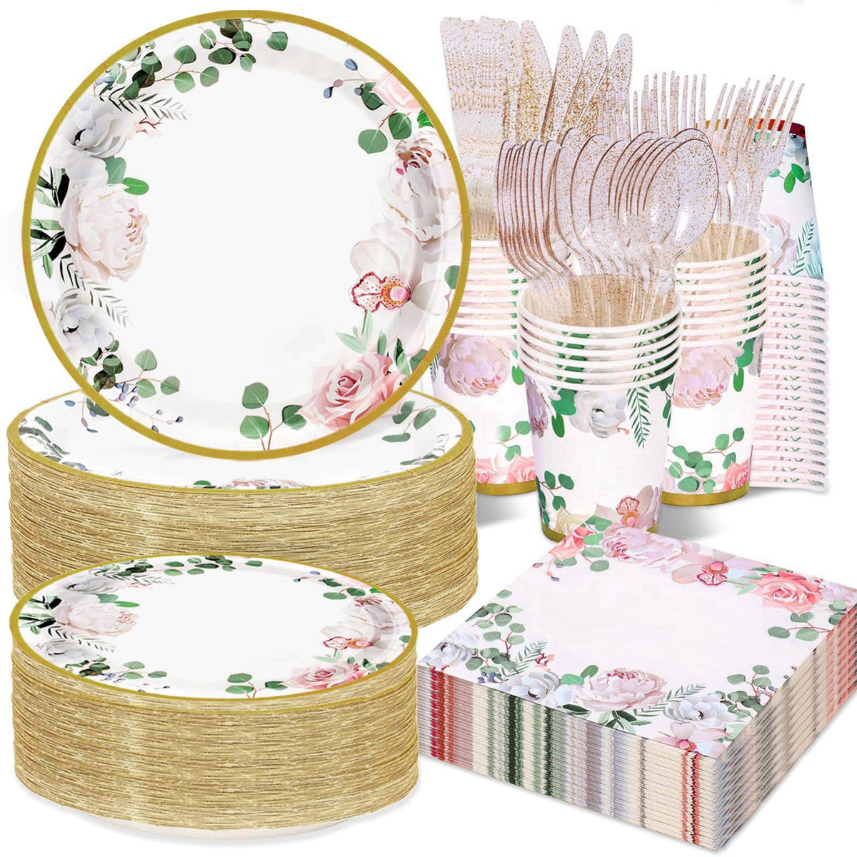 AWLZJZQA 350 PCS Floral Plates and Napkins Party Supplies Serve 50 Flower Disposable Paper Dinnerware Sets for Adults Br