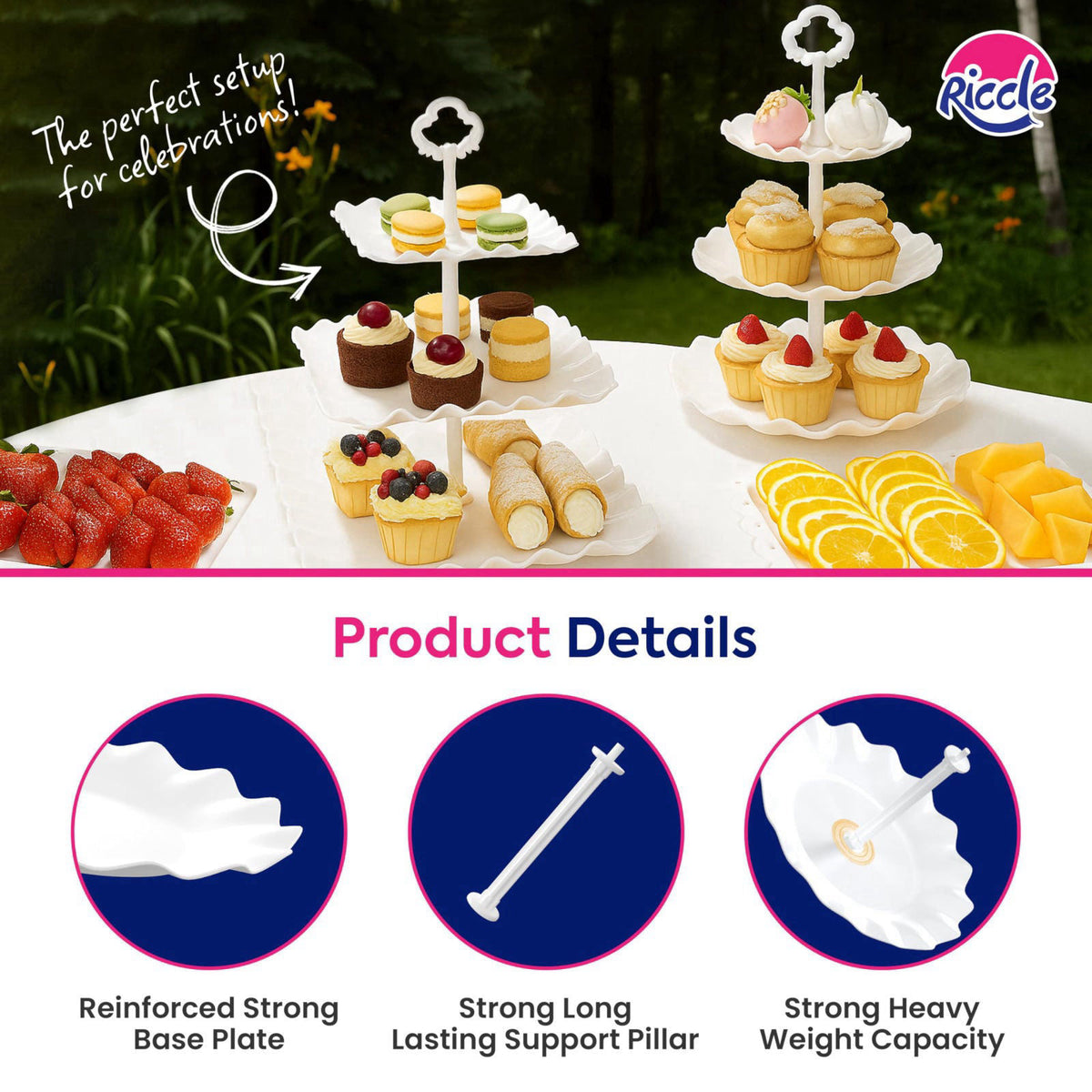 RICCLE 10Pc Dessert Table Display Set, 3 Tiered Cupcake Stand & Cake Stands – packaging and label