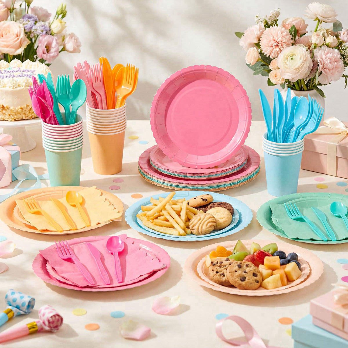 Zhehao 175 Pcs Candy Colors Party Plates Cups Napkins Set – close-up detail