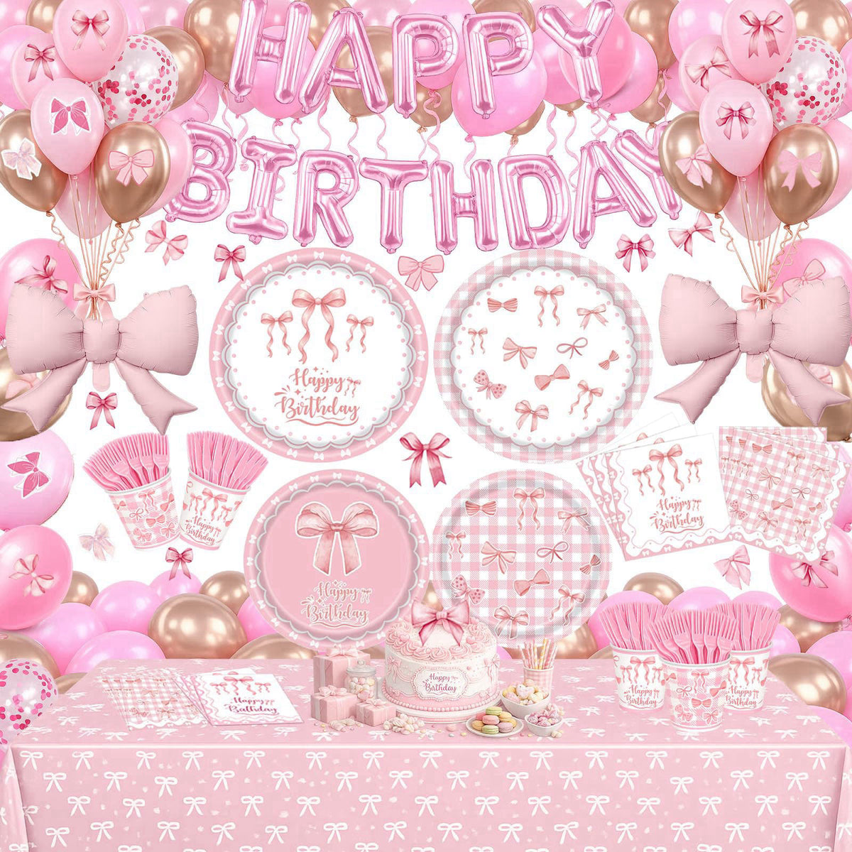 UBGKCJSJ 219Pcs Pink Bow Birthday Decorations, Coquette Tableware Set 24 Guests – product photo (Multi-Item Party Favor 