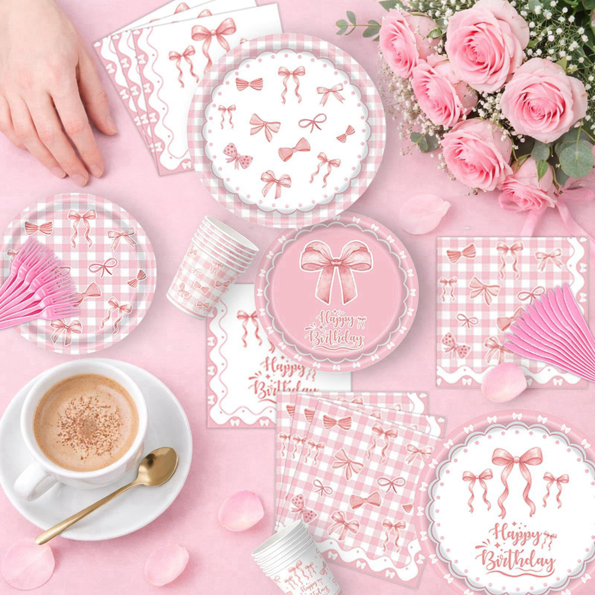UBGKCJSJ 219Pcs Pink Bow Birthday Decorations, Coquette Tableware Set 24 Guests – close-up detail