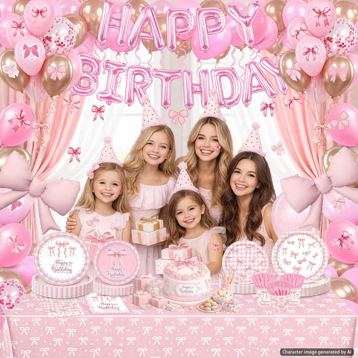 UBGKCJSJ 219Pcs Pink Bow Birthday Decorations, Coquette Tableware Set 24 Guests – full view