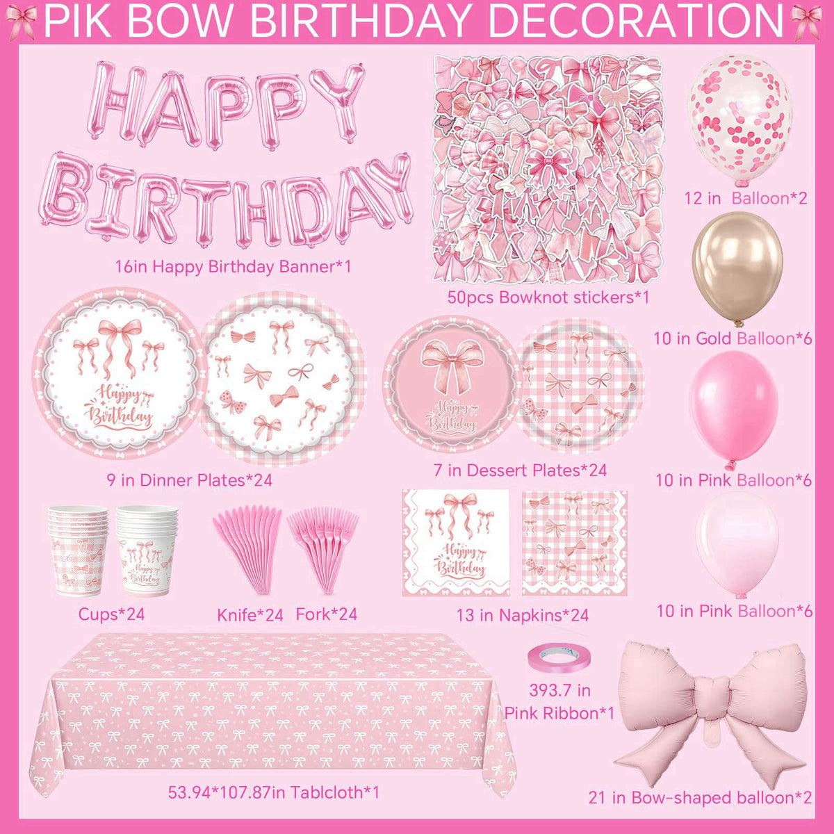 UBGKCJSJ 219Pcs Pink Bow Birthday Decorations, Coquette Tableware Set 24 Guests – back view and specifications