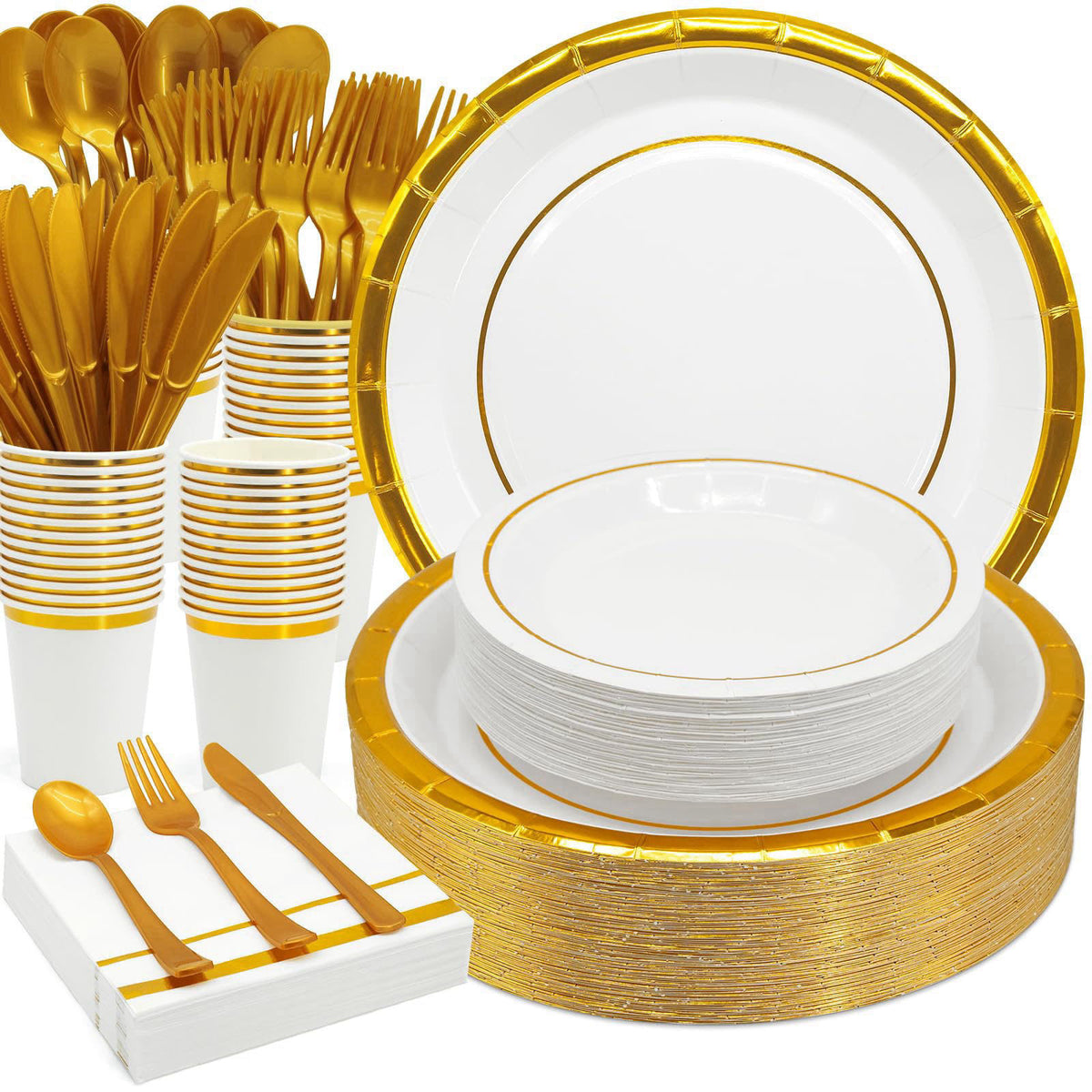 AIRE Gold White Paper Plates Set, 175PCS Disposable Tableware for 25 – product photo (Plates)