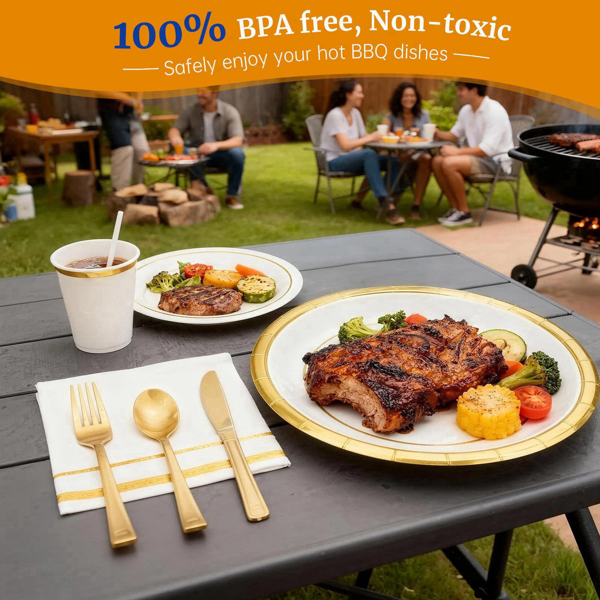 AIRE Gold White Paper Plates Set, 175PCS Disposable Tableware for 25 – back view and specifications