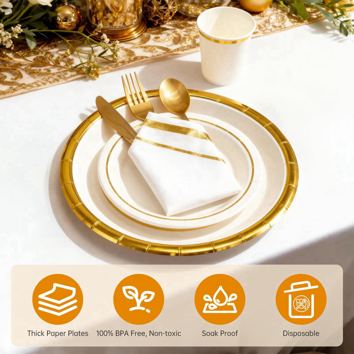 AIRE Gold White Paper Plates Set, 175PCS Disposable Tableware for 25 – alternate angle