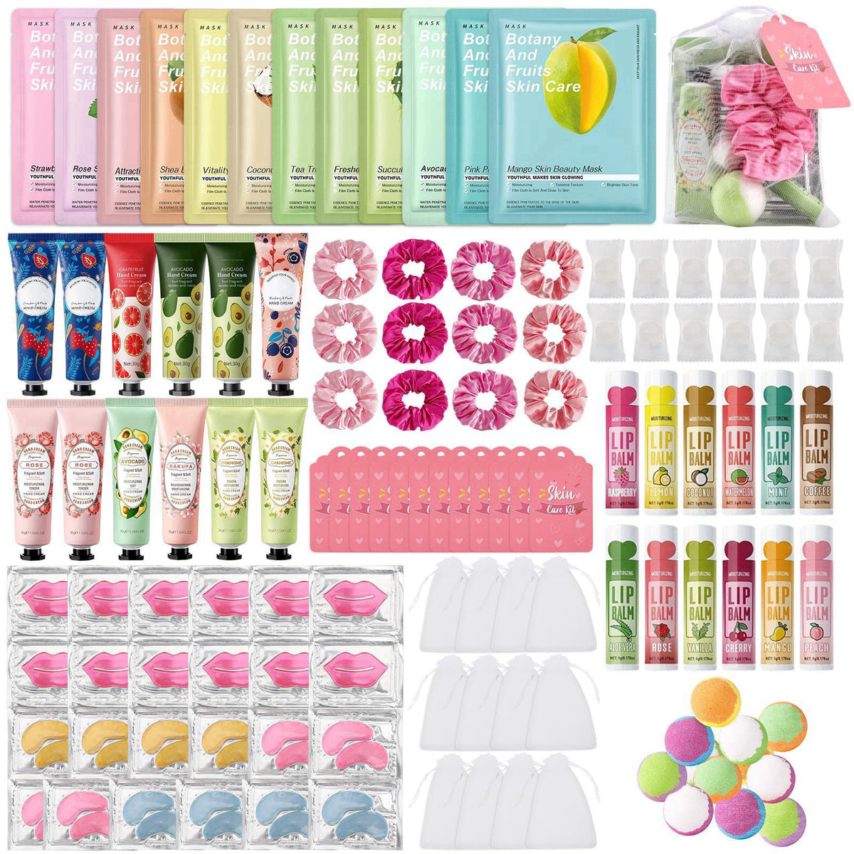 Jutqut 120PCS Spa Party Supplies for Girls, Include Facial Masks, Lip Mask, Under Eye Patches, Lip Balm, Foot Bath Bombs