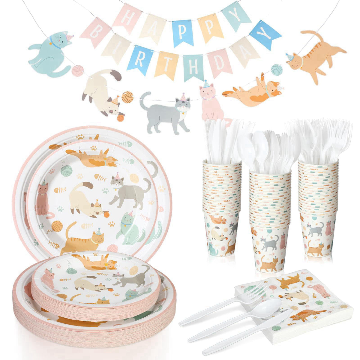 Qinyoung 176 Pcs Cat Birthday Party Supplies Disposable Tableware Set Serves 25 Cute Kitten Themed Paper Plates Napkins 