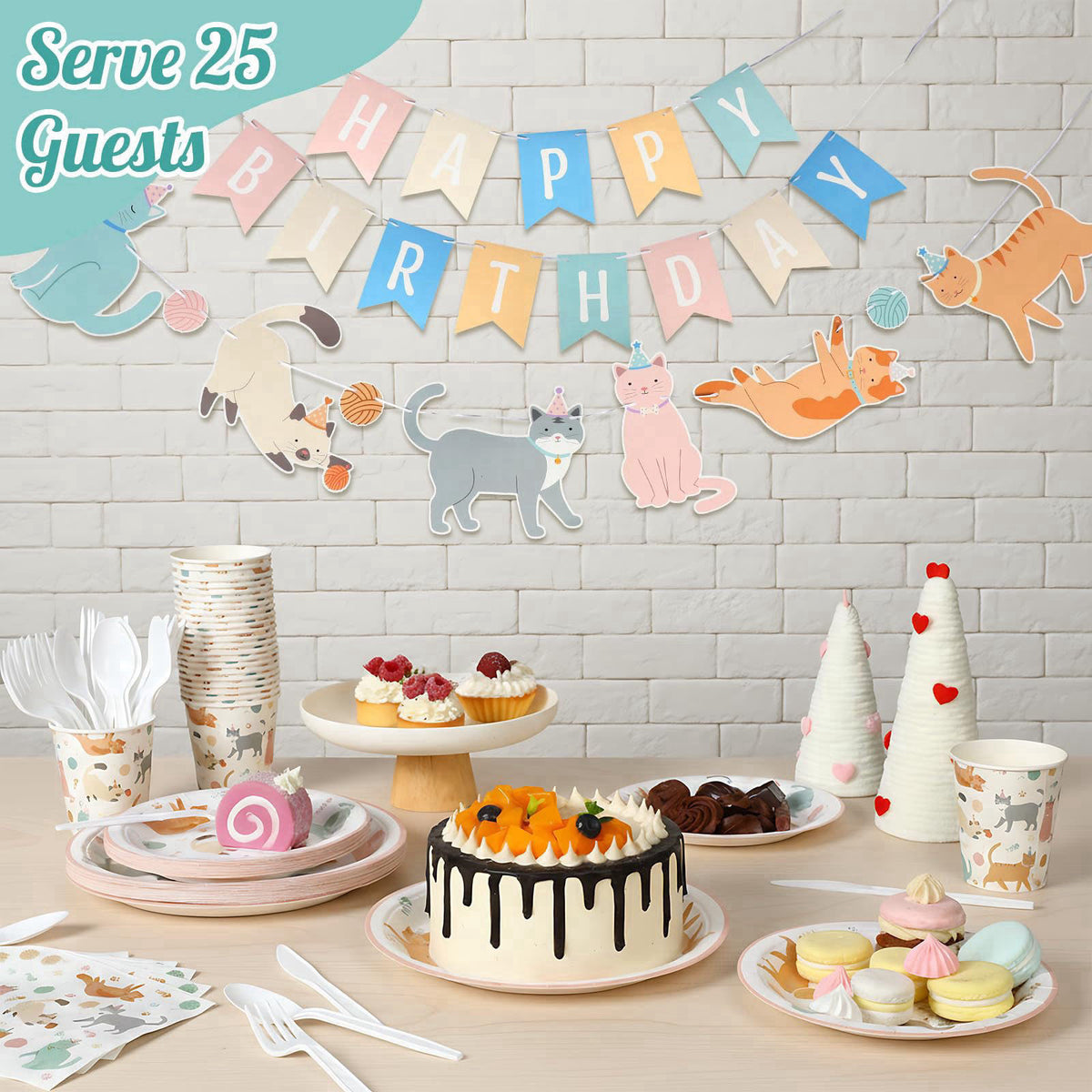 Qinyoung 176 Pcs Cat Birthday Party Supplies Disposable Tableware Set Serves 25 Cute Kitten Themed Paper Plates Napkins 