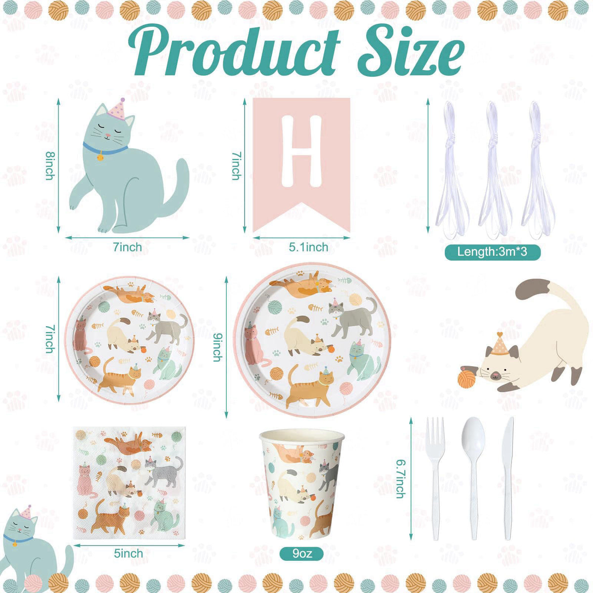 Qinyoung 176 Pcs Cat Birthday Party Supplies Disposable Tableware Set Serves 25 Cute Kitten Themed Paper Plates Napkins 