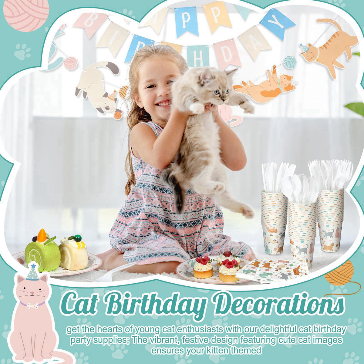Qinyoung 176 Pcs Cat Birthday Party Supplies Disposable Tableware Set Serves 25 Cute Kitten Themed Paper Plates Napkins 