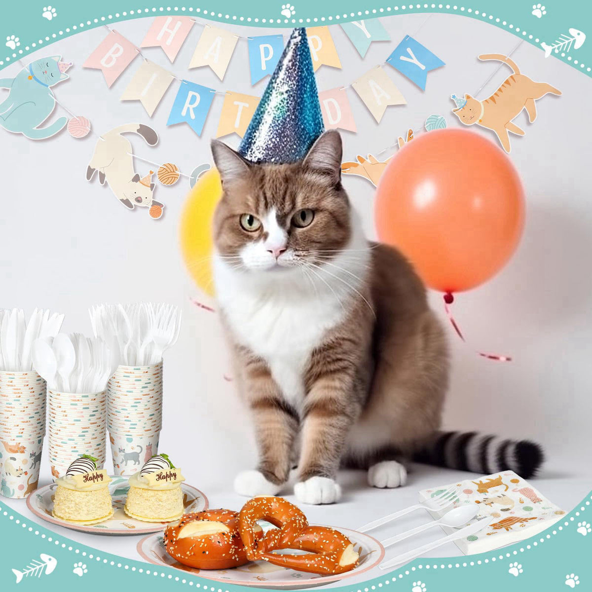 Qinyoung 176 Pcs Cat Birthday Party Supplies Disposable Tableware Set Serves 25 Cute Kitten Themed Paper Plates Napkins 