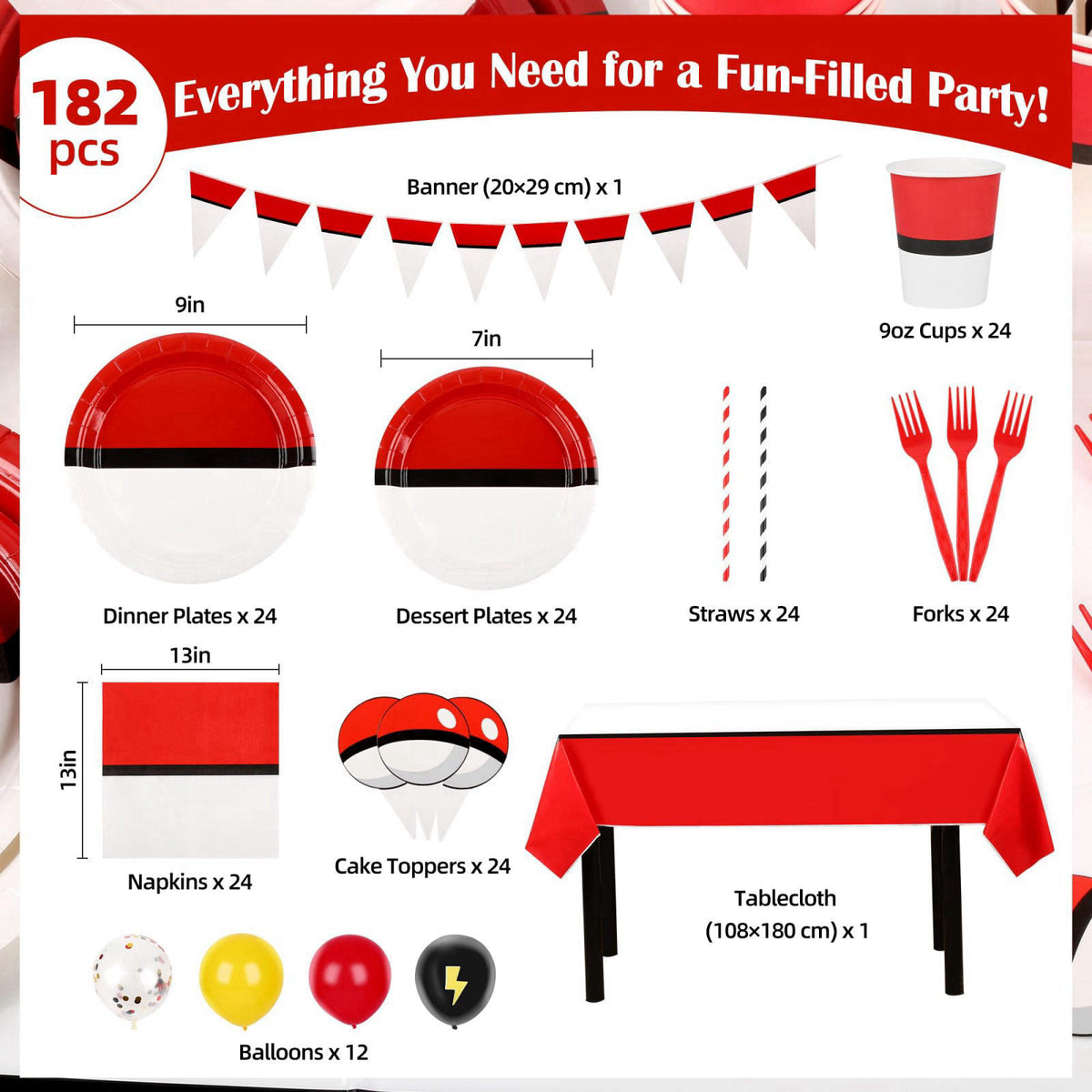 DUMBI Cartoon Birthday Party Supplies Bundle – 182-Piece Disposable Tableware & Decorations Set Including Tablecloth, Ba