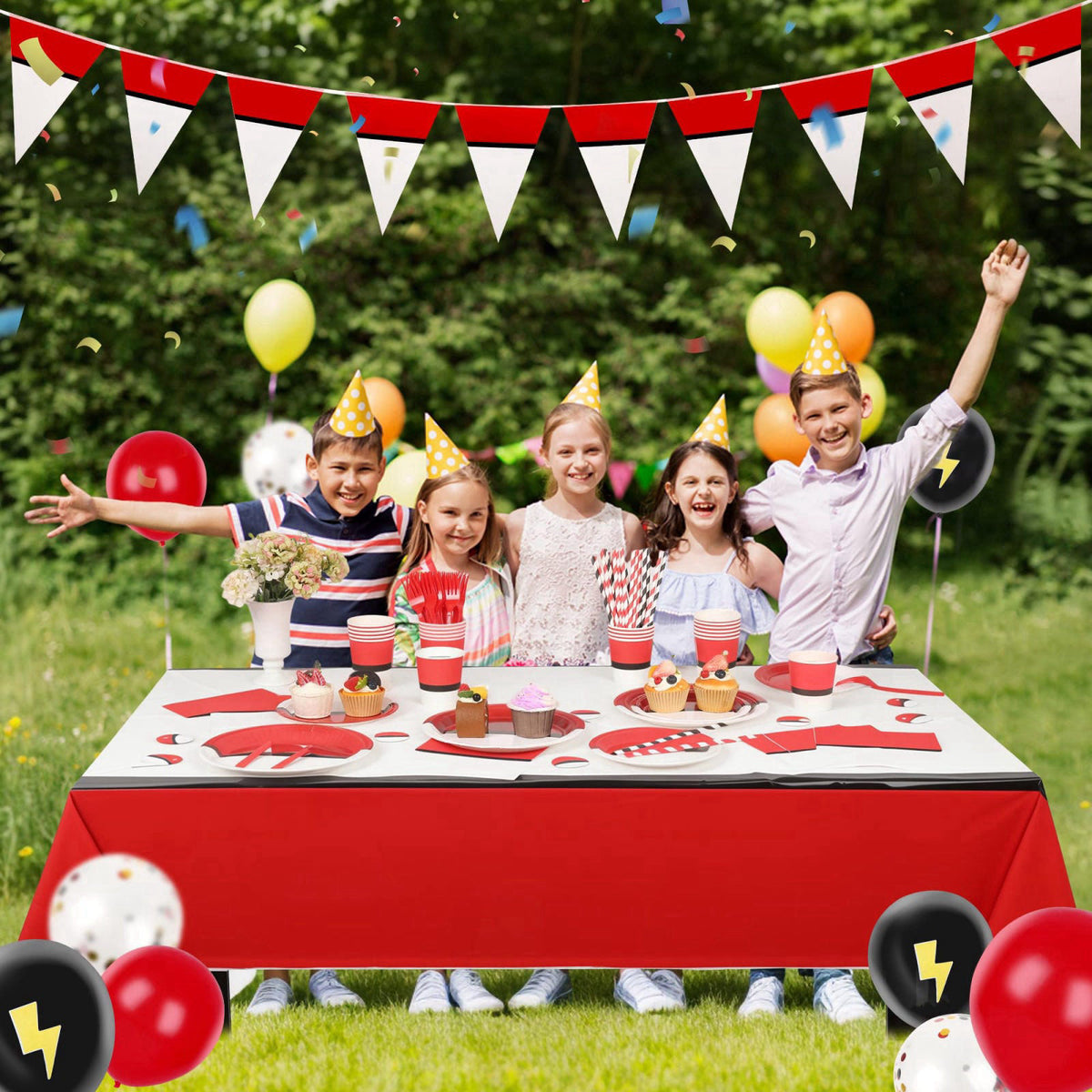 DUMBI Cartoon Birthday Party Supplies Bundle – 182-Piece Disposable Tableware & Decorations Set Including Tablecloth, Ba